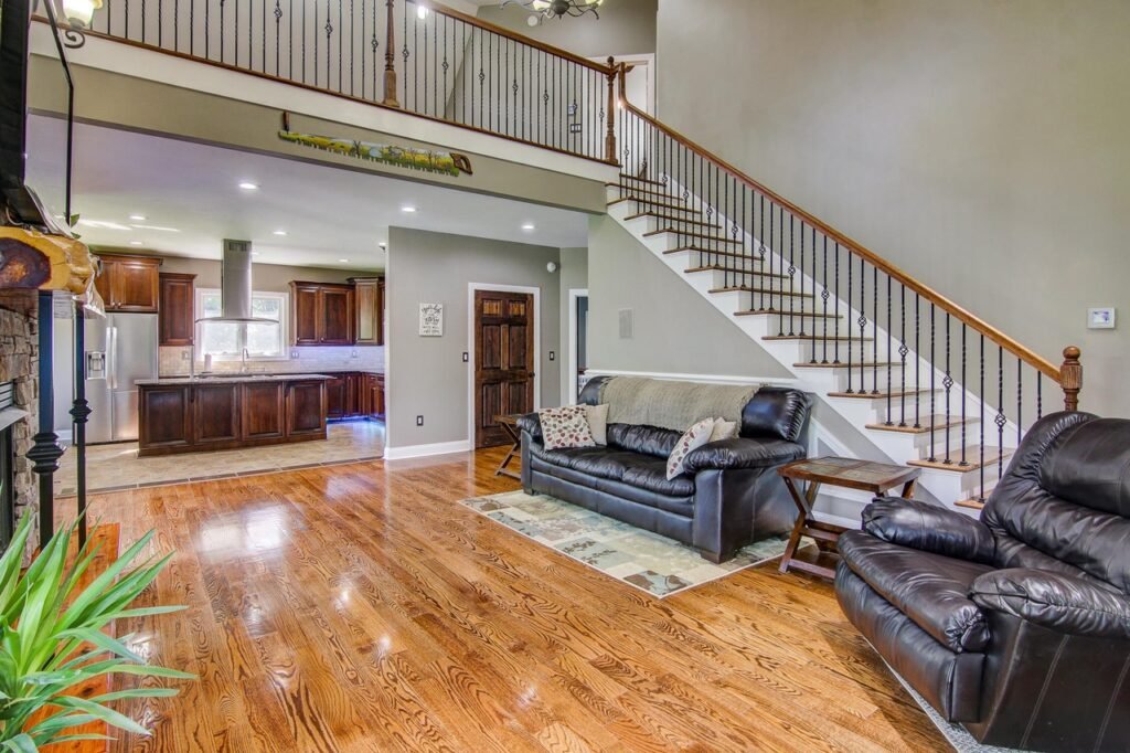 Great room with cherry hardwood floors