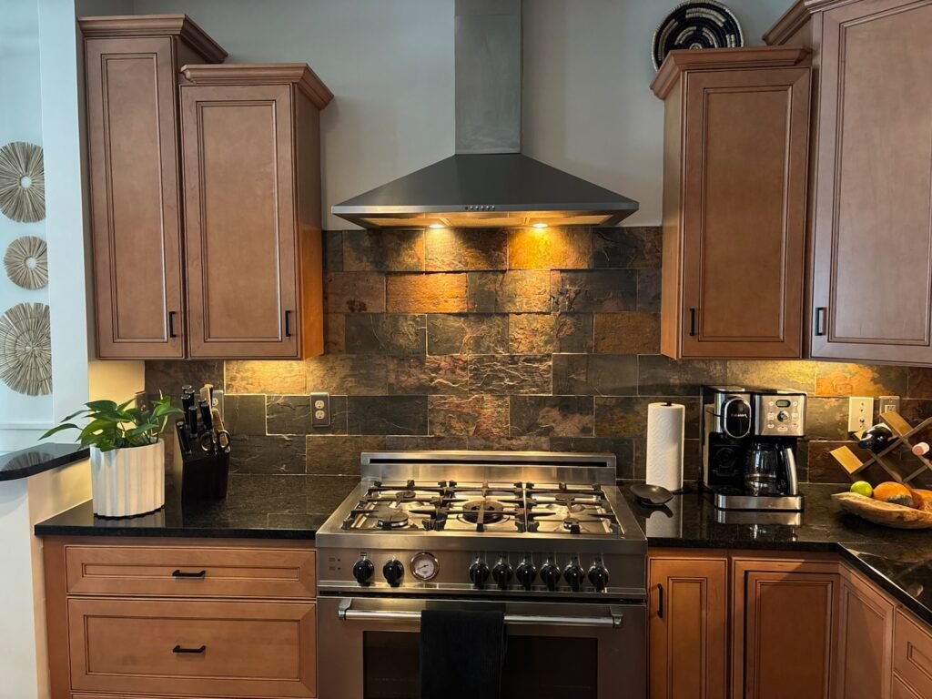 Natural slate backsplash kitchen renovation